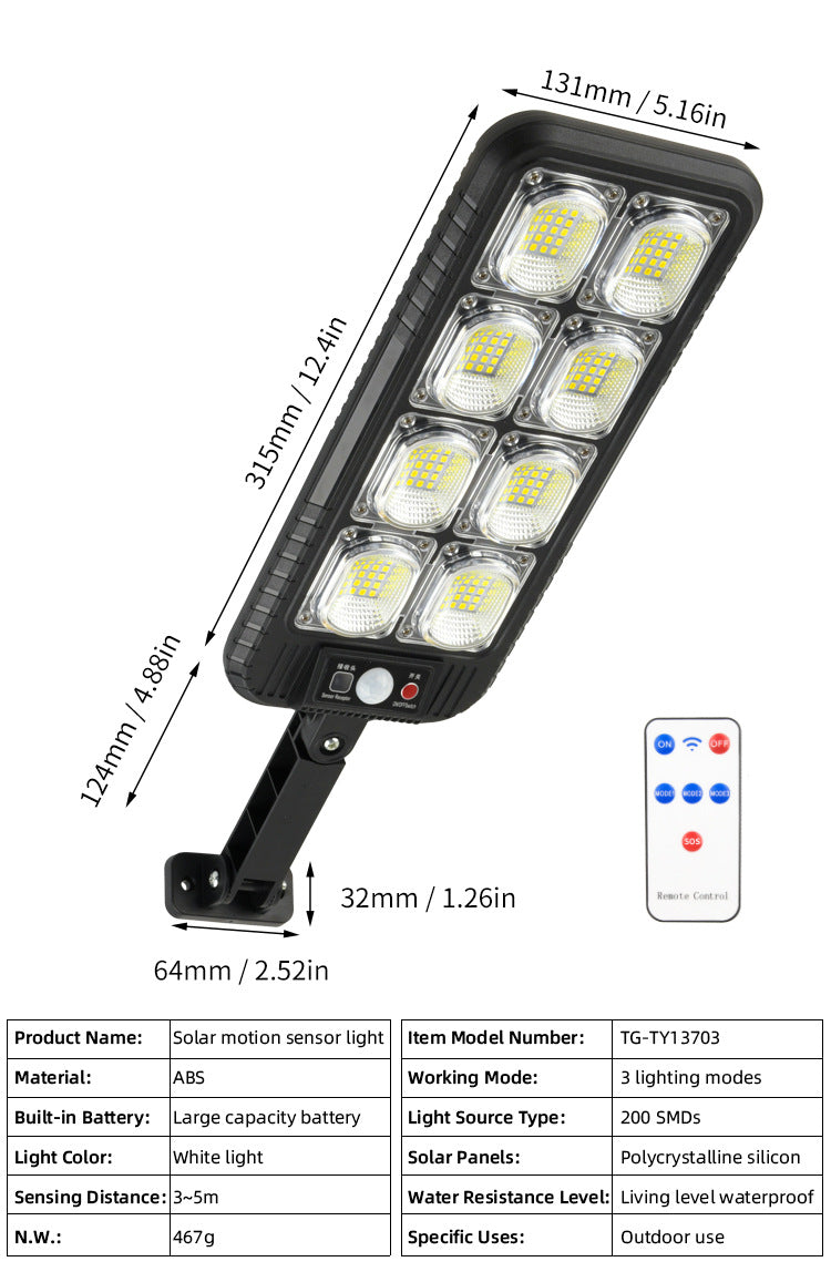 Solar LED Straßenleuchte 800W - IP65 Wasserdicht mit Bewegungssensor für Garten
