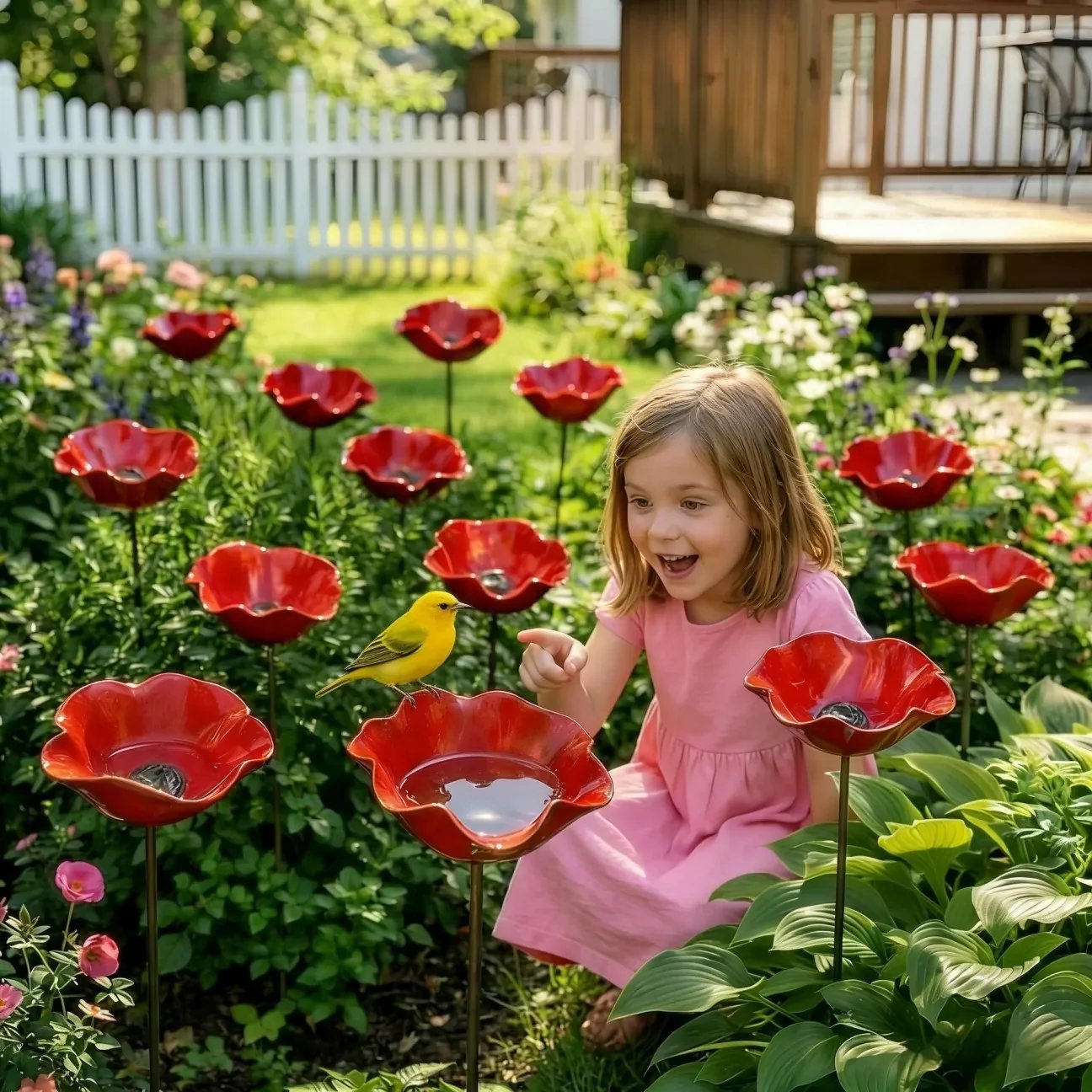 🌼 Handgefertigter Metall Blumen-Gartenstecker 🐦 Vogeltränke & Insekten-Trinkstelle, Wetterfest Gartendekoration für Beet, Wege & Außenbereich, Einzigartiges Deko Geschenk