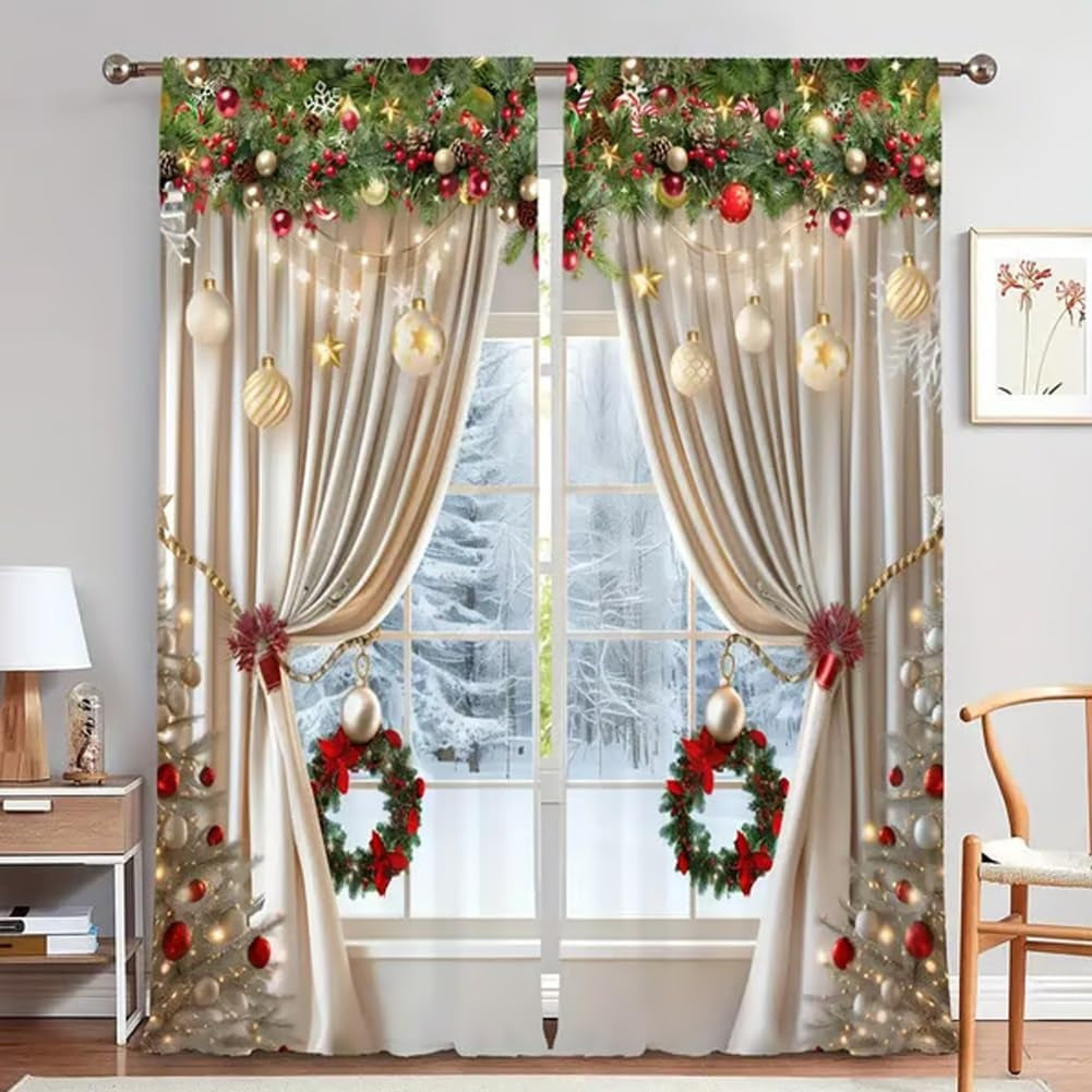 🎅Weihnachtsangebot 🎄Weihnachtliche Fenstergardinen, 2-teiliges Set für Ihre Heimdekoration