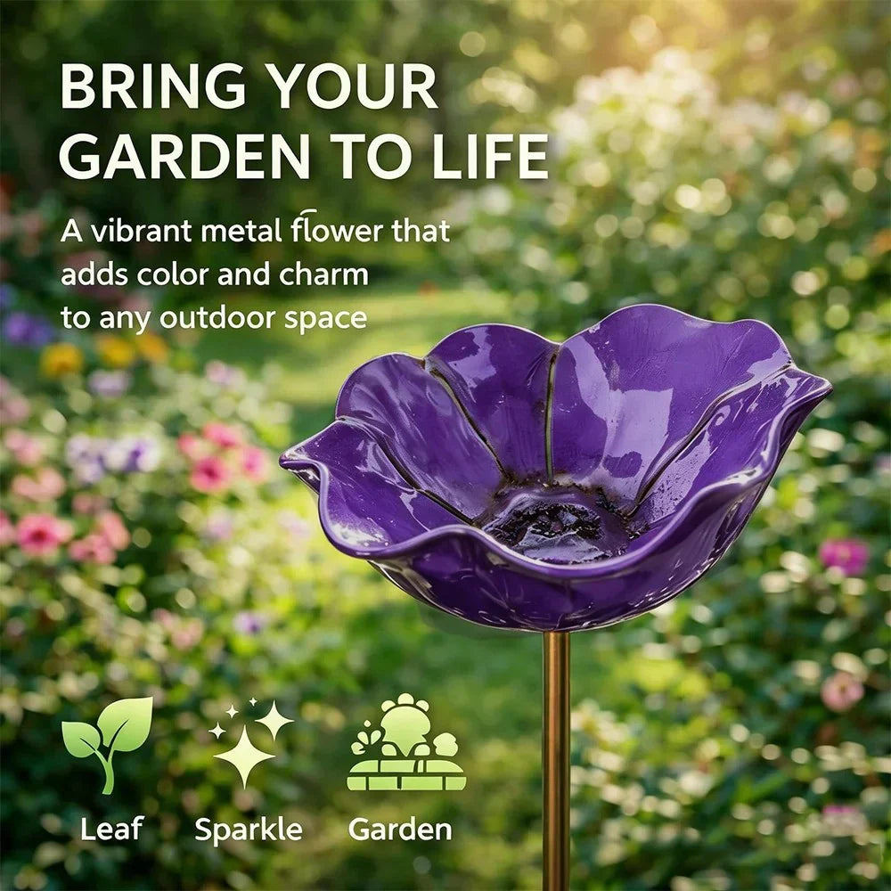 🌼 Handgefertigter Metall Blumen-Gartenstecker 🐦 Vogeltränke & Insekten-Trinkstelle, Wetterfest Gartendekoration für Beet, Wege & Außenbereich, Einzigartiges Deko Geschenk