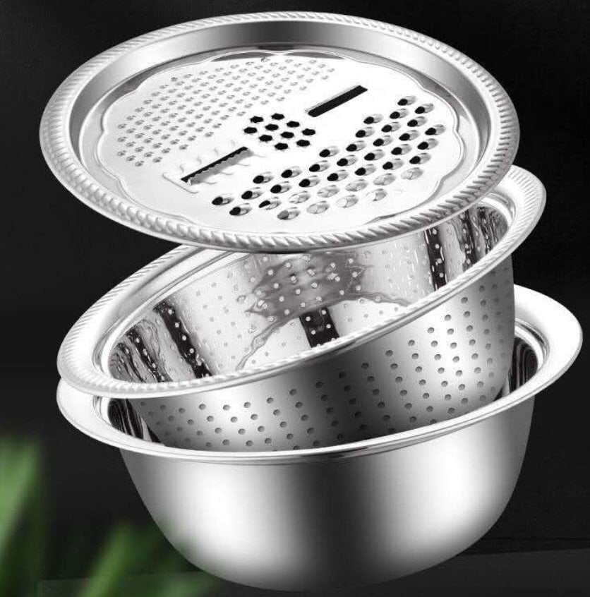 Frühlings-Sonderangebot: 35 % Rabatt-3-in-1-Multifunktionssieb-Set aus Edelstahl, inklusive Schüssel/Sieb/Schneider, ideal zum Waschen von Reis, Obst und Gemüse, unverzichtbar in jeder Küche