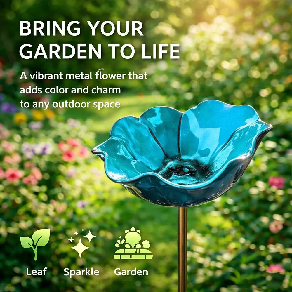 🌼 Handgefertigter Metall Blumen-Gartenstecker 🐦 Vogeltränke & Insekten-Trinkstelle, Wetterfest Gartendekoration für Beet, Wege & Außenbereich, Einzigartiges Deko Geschenk
