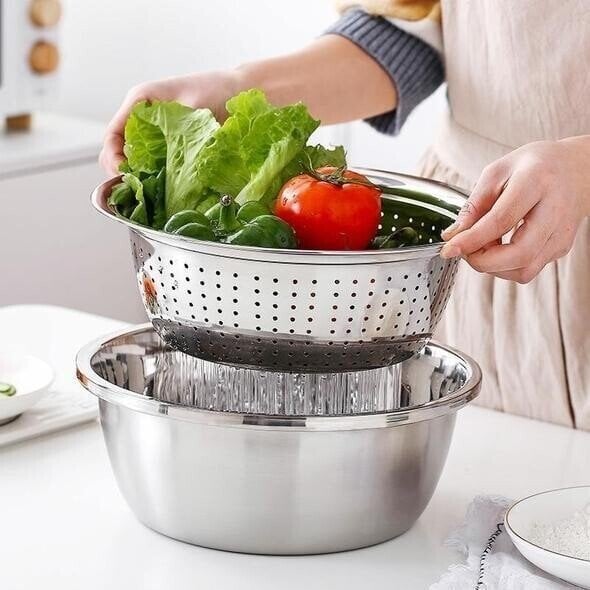 Frühlings-Sonderangebot: 35 % Rabatt-3-in-1-Multifunktionssieb-Set aus Edelstahl, inklusive Schüssel/Sieb/Schneider, ideal zum Waschen von Reis, Obst und Gemüse, unverzichtbar in jeder Küche