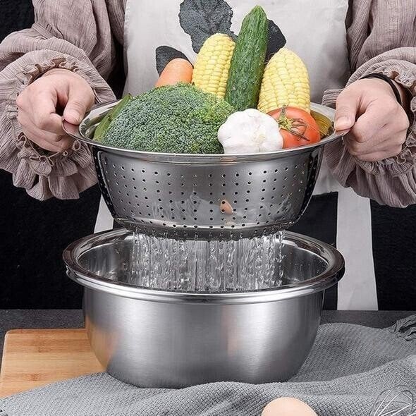 Frühlings-Sonderangebot: 35 % Rabatt-3-in-1-Multifunktionssieb-Set aus Edelstahl, inklusive Schüssel/Sieb/Schneider, ideal zum Waschen von Reis, Obst und Gemüse, unverzichtbar in jeder Küche