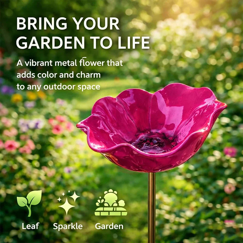 🌼 Handgefertigter Metall Blumen-Gartenstecker 🐦 Vogeltränke & Insekten-Trinkstelle, Wetterfest Gartendekoration für Beet, Wege & Außenbereich, Einzigartiges Deko Geschenk