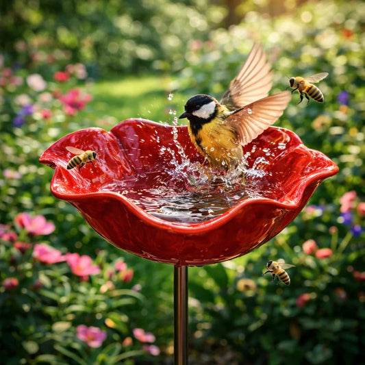 🌼 Handgefertigter Metall Blumen-Gartenstecker 🐦 Vogeltränke & Insekten-Trinkstelle, Wetterfest Gartendekoration für Beet, Wege & Außenbereich, Einzigartiges Deko Geschenk