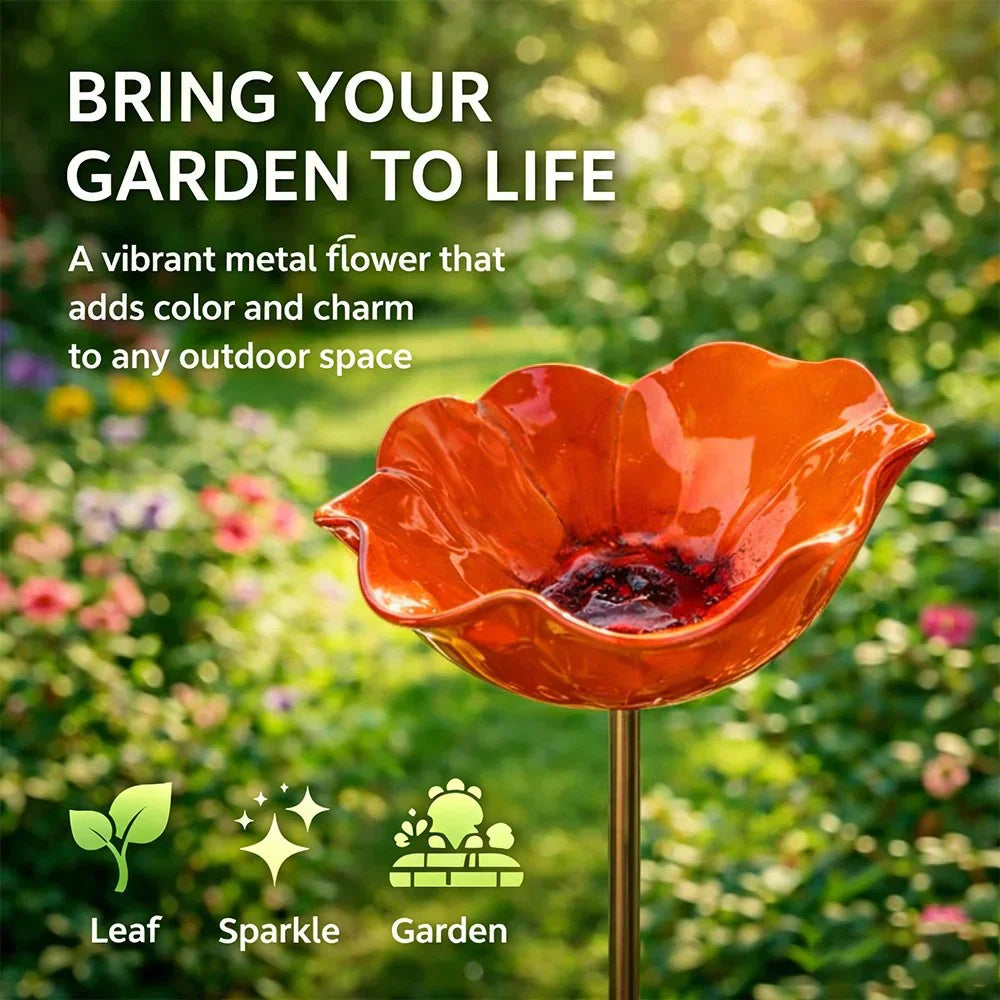 🌼 Handgefertigter Metall Blumen-Gartenstecker 🐦 Vogeltränke & Insekten-Trinkstelle, Wetterfest Gartendekoration für Beet, Wege & Außenbereich, Einzigartiges Deko Geschenk