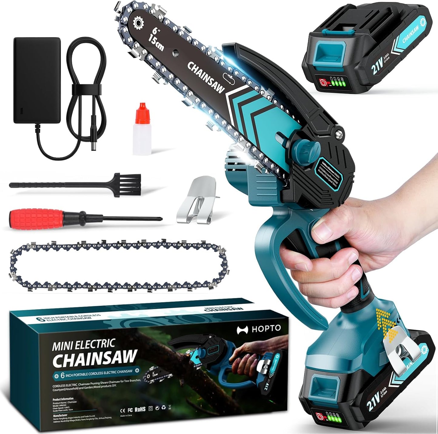 🔥 6-Zoll-Akku-Minikettensäge mit 2 ✨ Akkus Kabellos und tragbar, ideal zum Zurückschneiden und zur Holzfällung