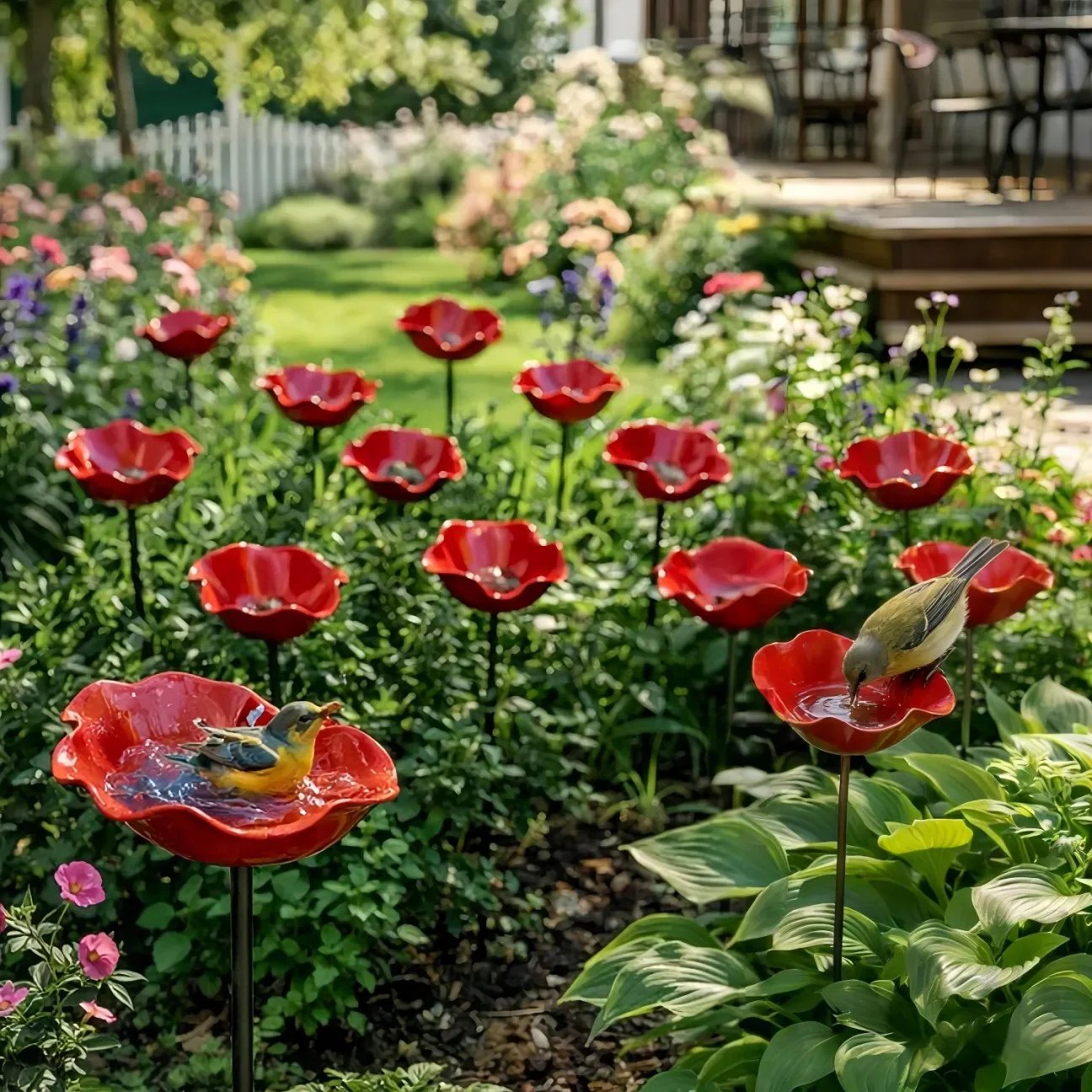 🌼 Handgefertigter Metall Blumen-Gartenstecker 🐦 Vogeltränke & Insekten-Trinkstelle, Wetterfest Gartendekoration für Beet, Wege & Außenbereich, Einzigartiges Deko Geschenk