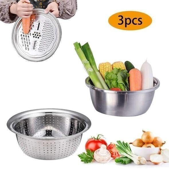Frühlings-Sonderangebot: 35 % Rabatt-3-in-1-Multifunktionssieb-Set aus Edelstahl, inklusive Schüssel/Sieb/Schneider, ideal zum Waschen von Reis, Obst und Gemüse, unverzichtbar in jeder Küche