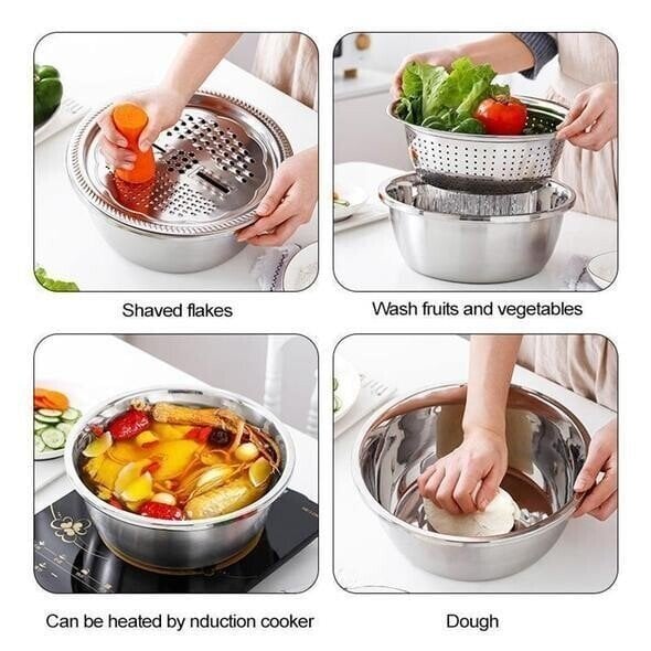 Frühlings-Sonderangebot: 35 % Rabatt-3-in-1-Multifunktionssieb-Set aus Edelstahl, inklusive Schüssel/Sieb/Schneider, ideal zum Waschen von Reis, Obst und Gemüse, unverzichtbar in jeder Küche