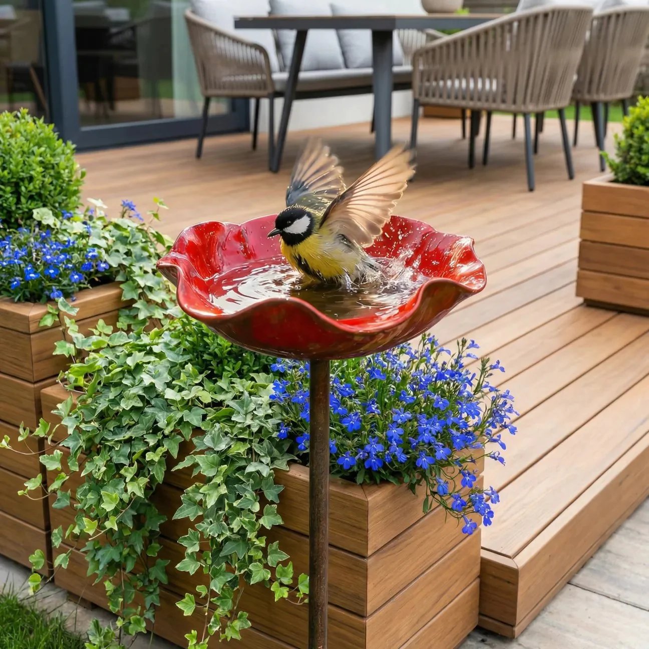 🌼 Handgefertigter Metall Blumen-Gartenstecker 🐦 Vogeltränke & Insekten-Trinkstelle, Wetterfest Gartendekoration für Beet, Wege & Außenbereich, Einzigartiges Deko Geschenk